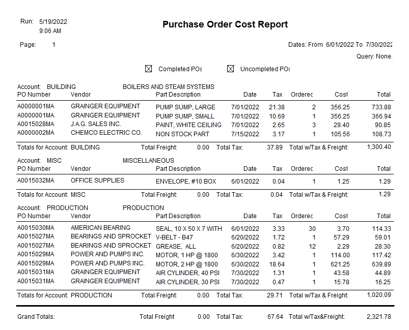 Purchase Order Cost Report Sample