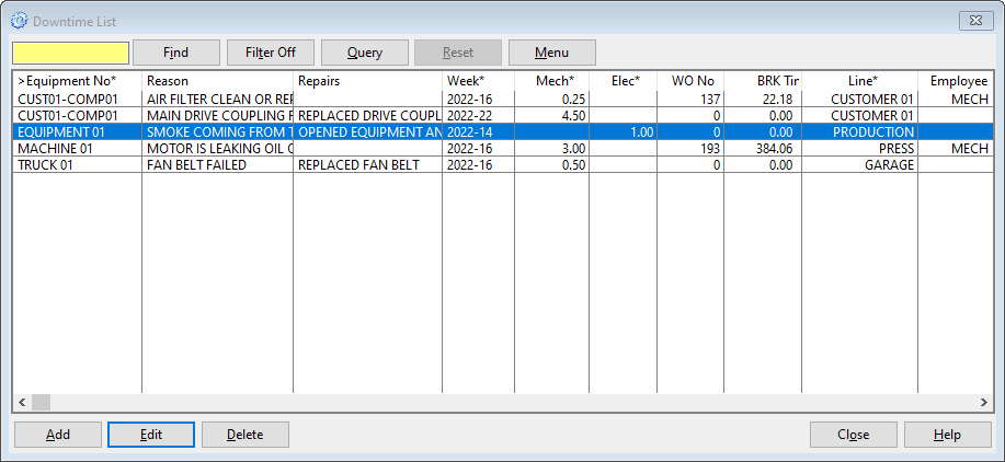 maintenance management software downtime list from equipment menu