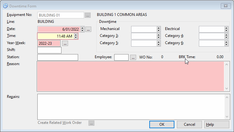 maintenance management software downtime form with equipment