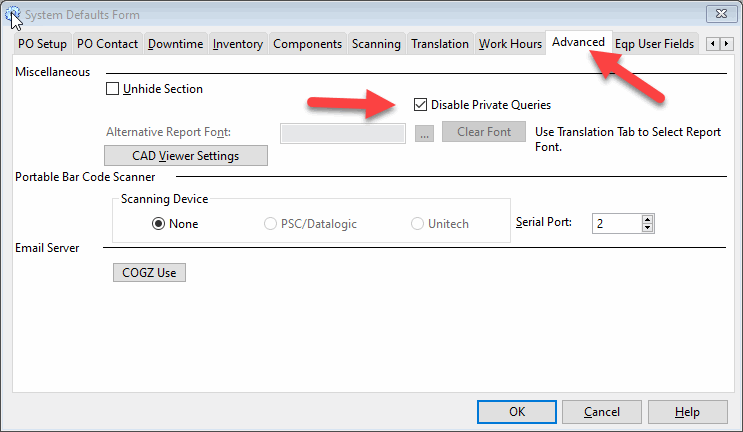 COGZ System Defaults Form - Advanced Tab Queries