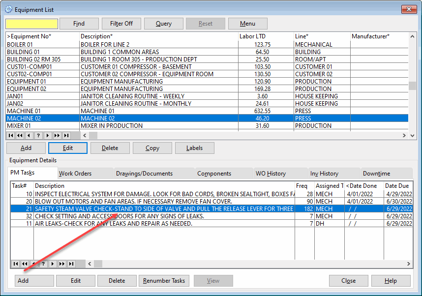 view new preventive maintenance tasks on the equipment list