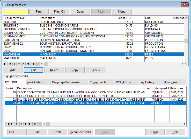 View new preventive maintenance tasks on the equipment list