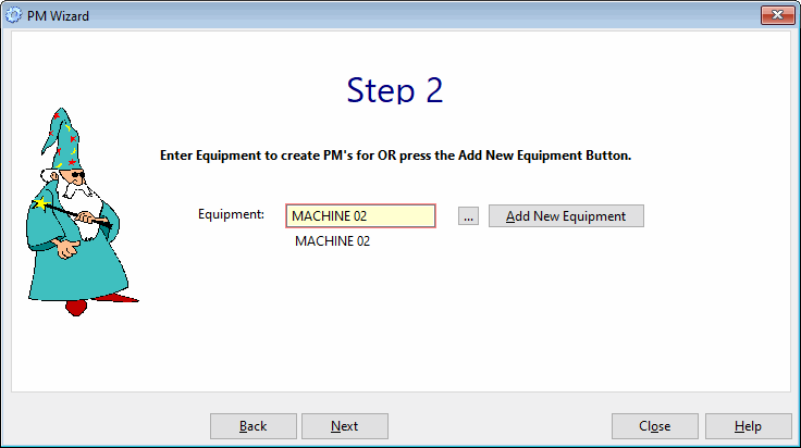 Enter equipment into preventive maintenance wizard
