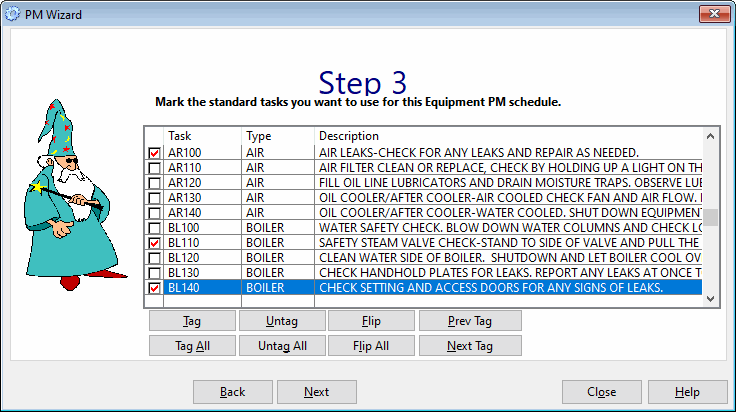 add standard tasks to equipment using the PM wizard