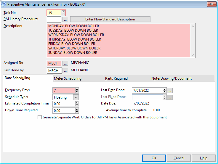 use description field to create daily preventive maintenance tasks