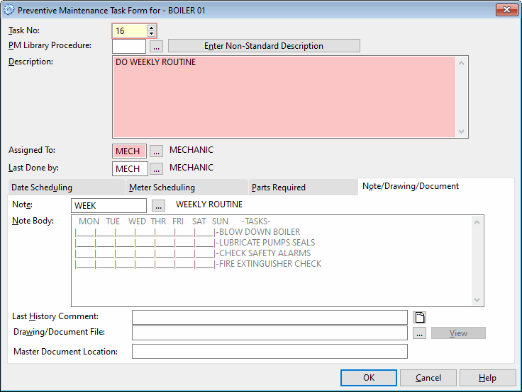 use task note field to do daily preventive maintenance tasks