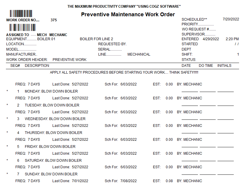 daily preventive maintenance work order sample