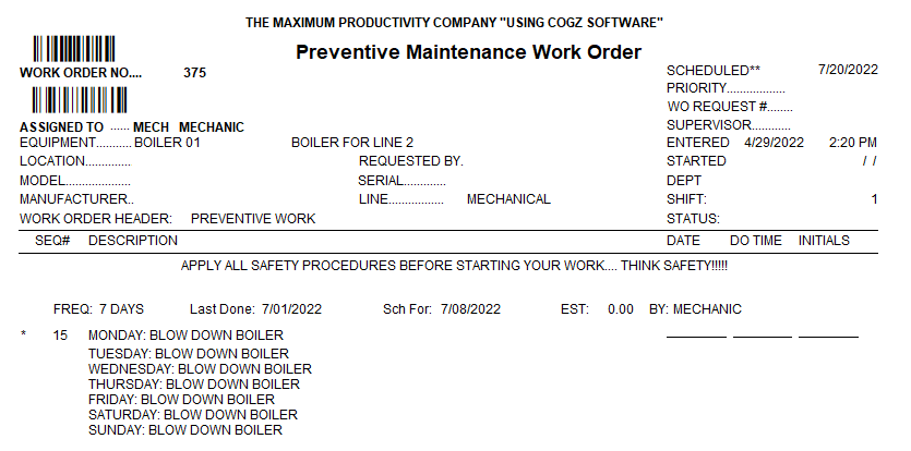daily preventive maintenance task sample work order