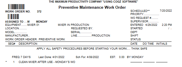 daily preventive maintenance work order sample