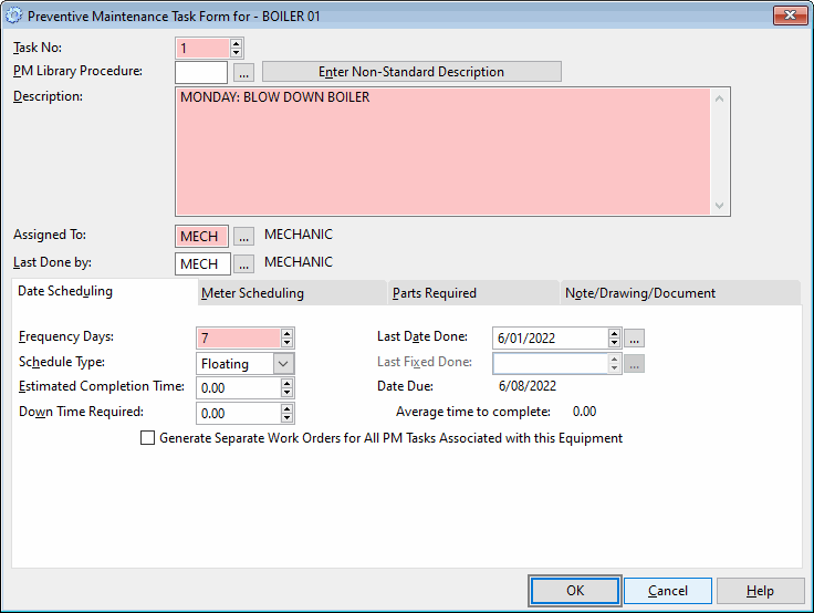 use separate tasks to create daily preventive maintenance work orders