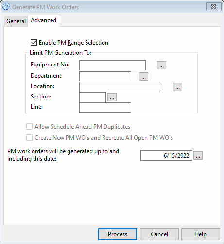 Automatically generate PM Work Orders Advances options