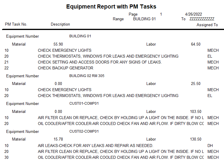 preventive maintenance software sample report