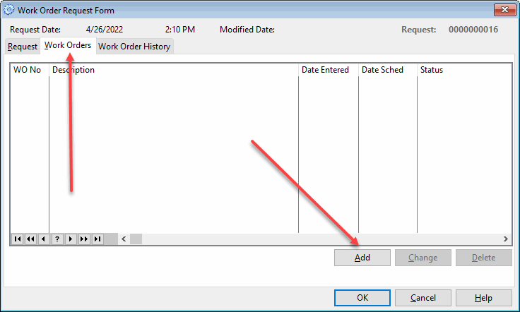 add work orders from work order requests