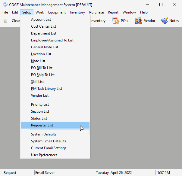 COGZ Software Setup menu