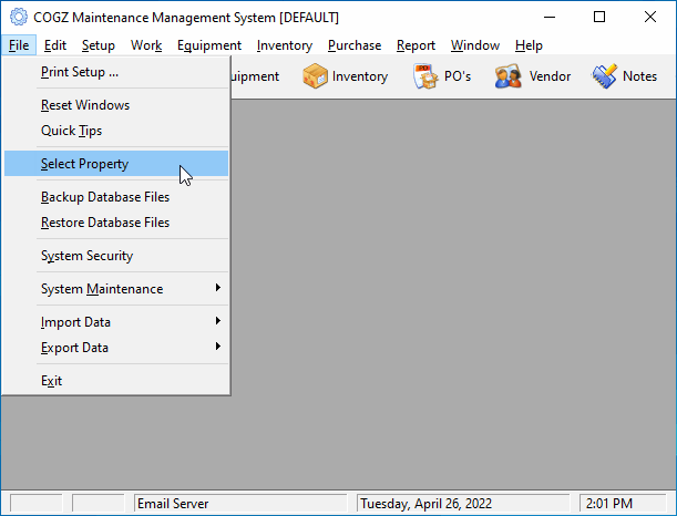 COGZ software file menu select property