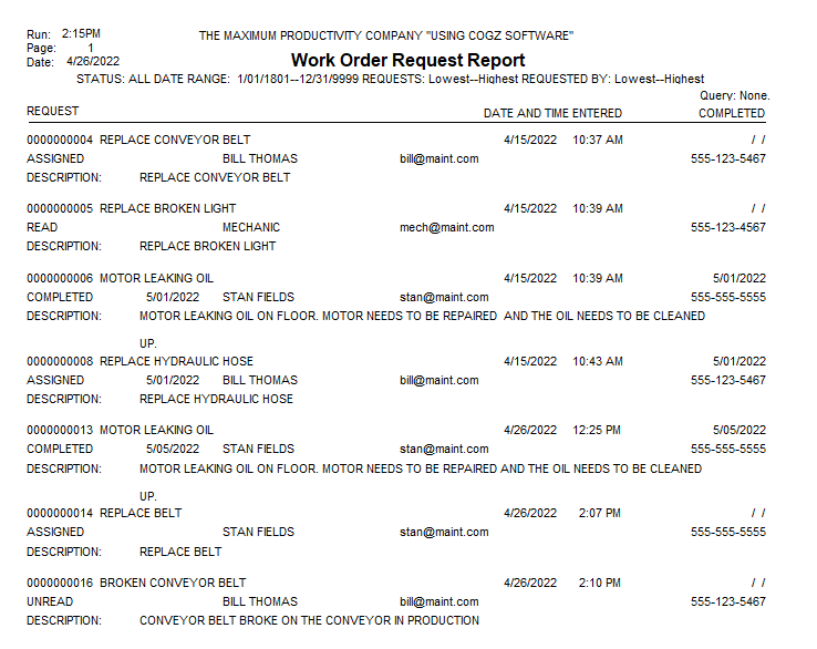 work order request sample report