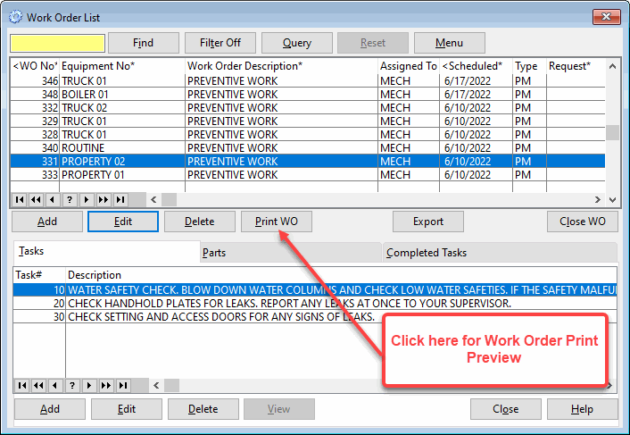Print preventive maintenance work orders