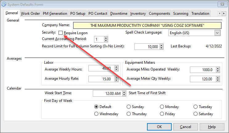 cmms system security defaults form