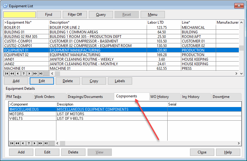 maintenance management software equipment components