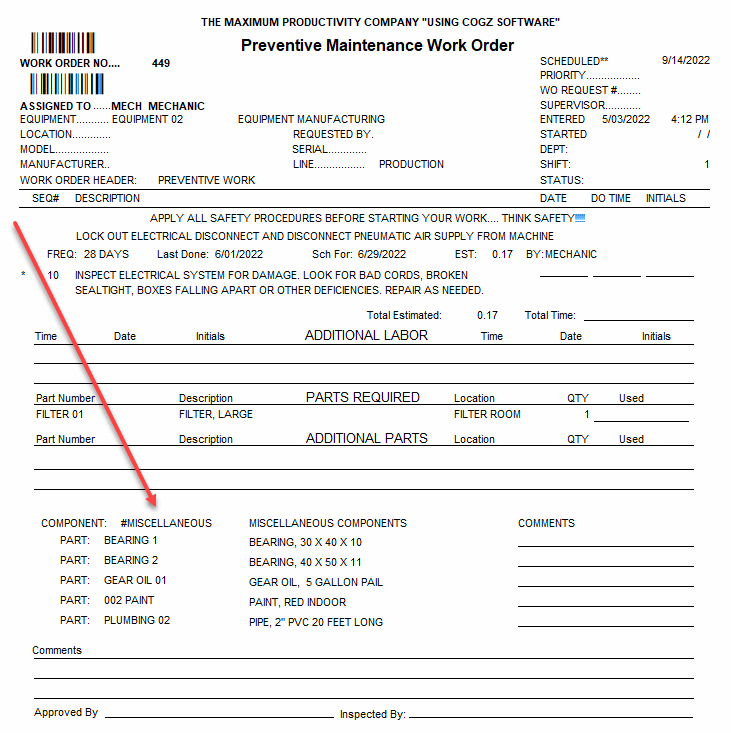 preventive maintenance software work order components