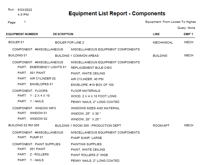 preventive maintenance software components sample report