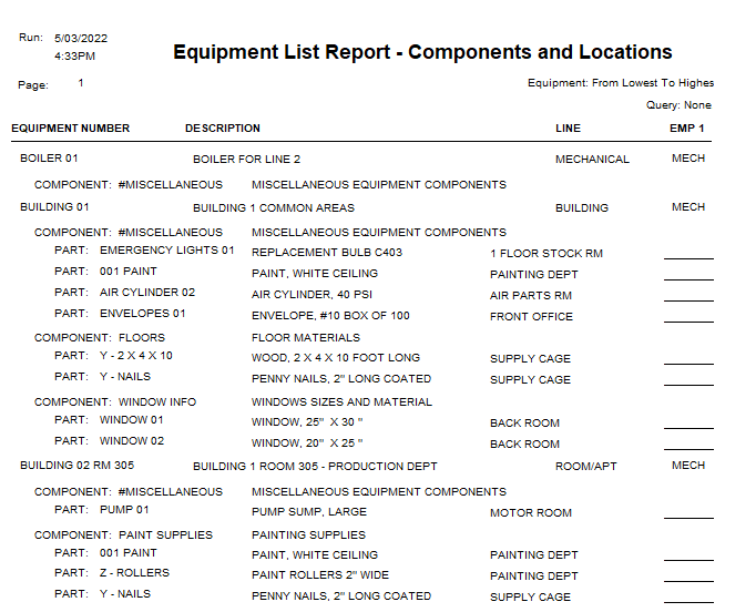 preventive maintenance software equipment components by location report