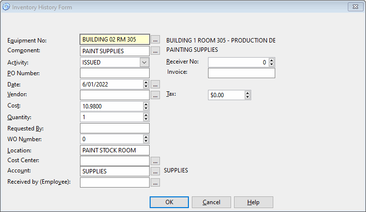 maintenance management software equipment used on form