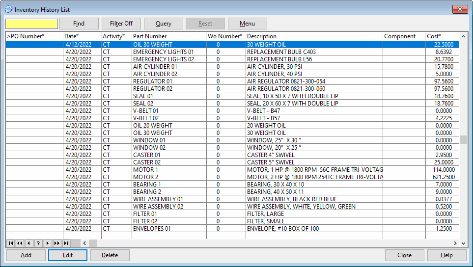 maintenance management software history of inventory used