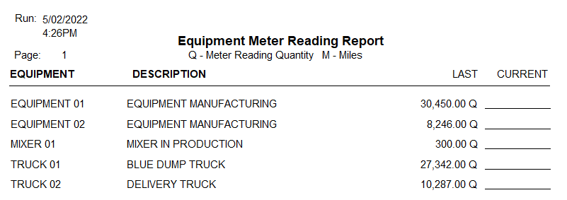 Equipment Meter Reading Report sample
