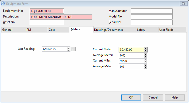 preventive maintenance software enter meters on equipment tab