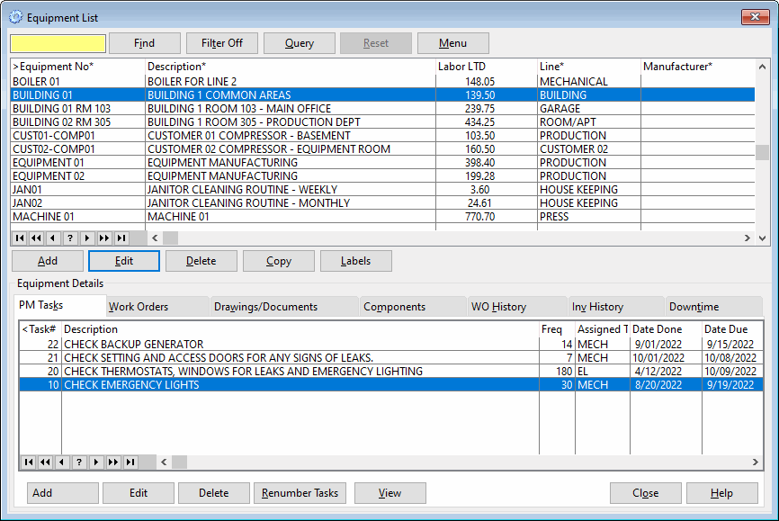 Equipment Master Console screen  from CMMS software
