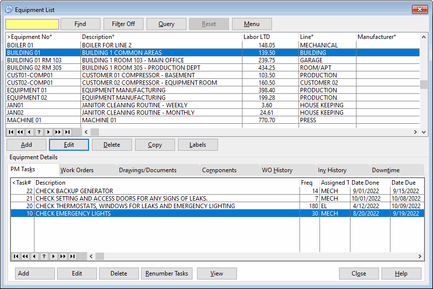 Equipment Master Console screen from CMMS software