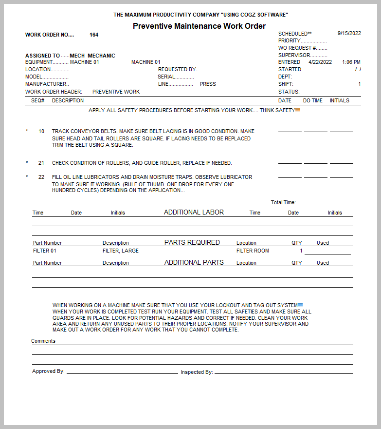 Example of Preventive Maintenance Work Order