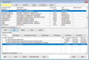 Equipment List screen from maintenance management software