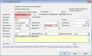 log completed work form from maintenance software