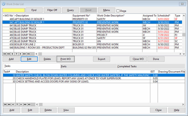 Maintenance Work Order List from Work Order Software