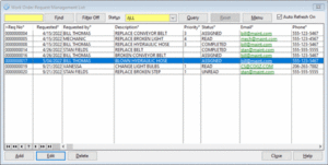 WOReq scheduled tasks screen from preventive maintenance software system