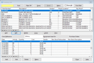 Inventory List screen from equipment maintenance software