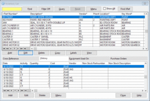 Inv List Inventory List screen from equipment maintenance software