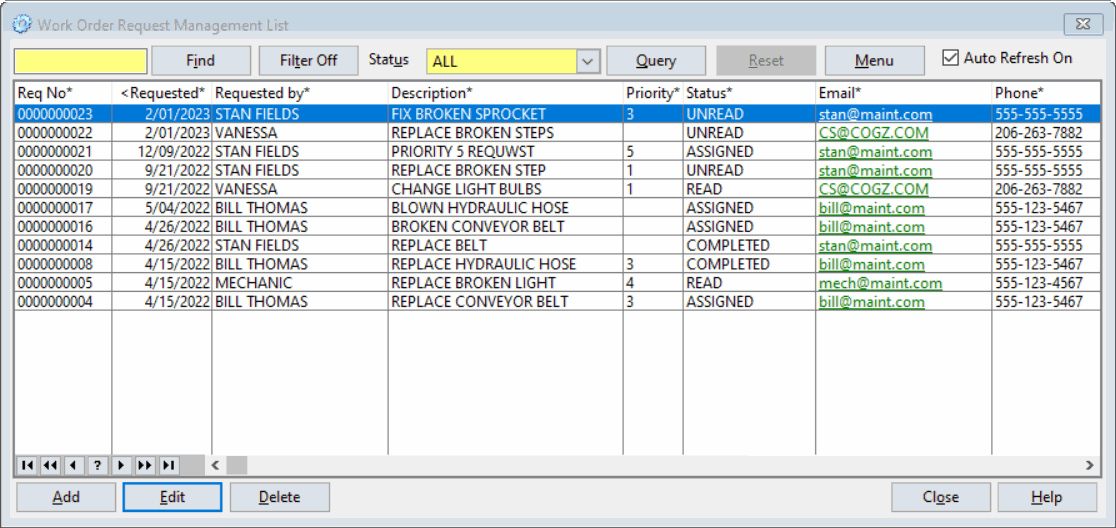 Work Order Request List from CMMS Software
