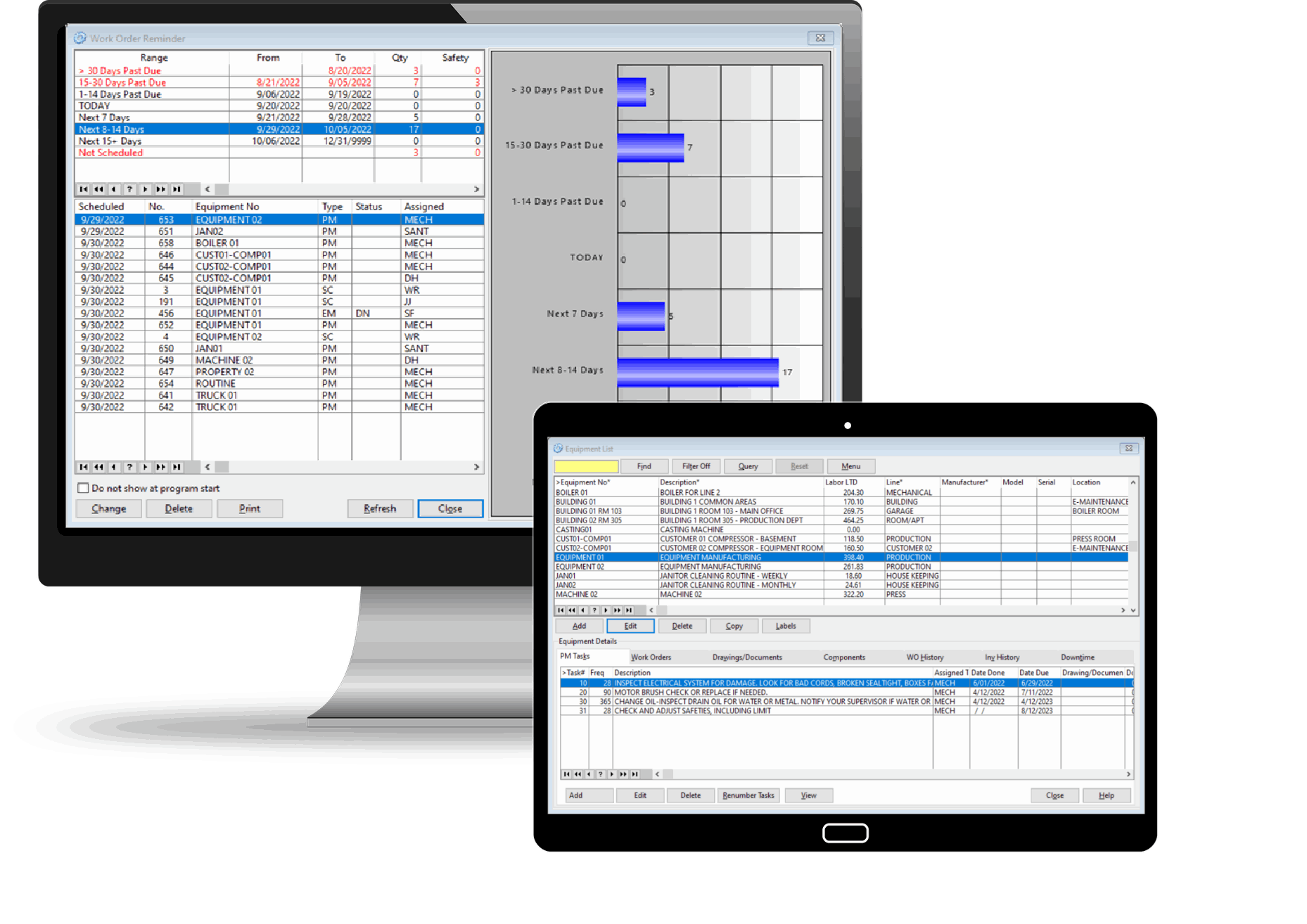computer monitor and tablet2 Work Order Reminder screen from Preventive Maintenance Software on tablet