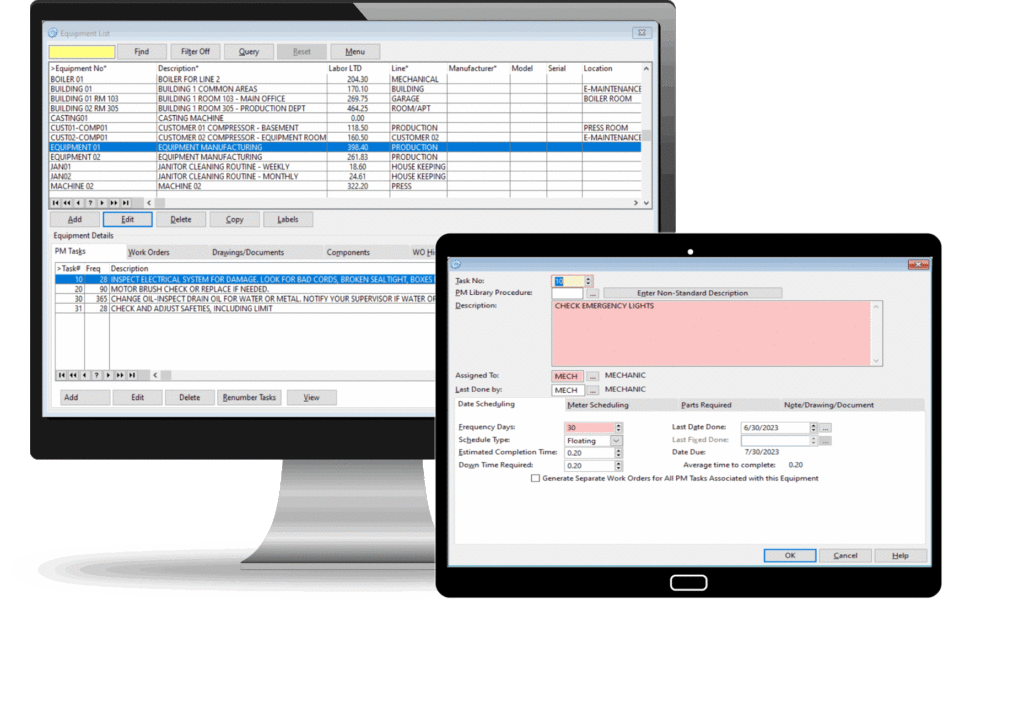 computer monitor and tablet3 Work Order Reminder screen from Maintenance Management Software on tablet