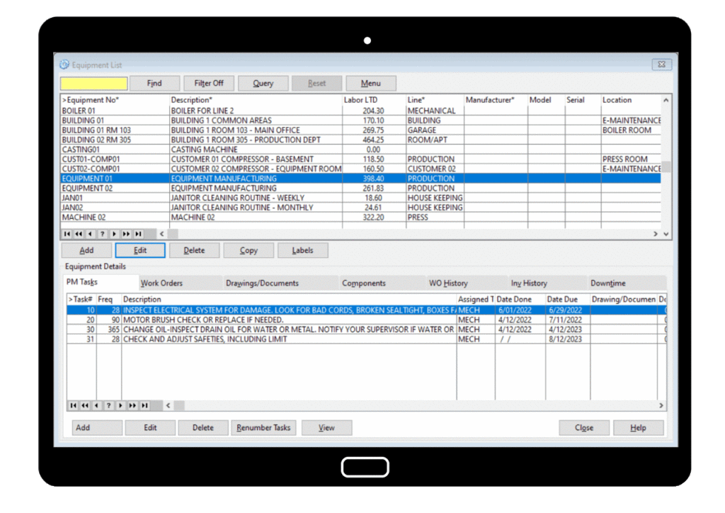 maintenance software running on a tablet