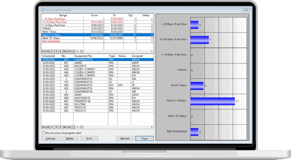 Laptop WO Reminder Work Order Reminder screen from preventive maintenance software