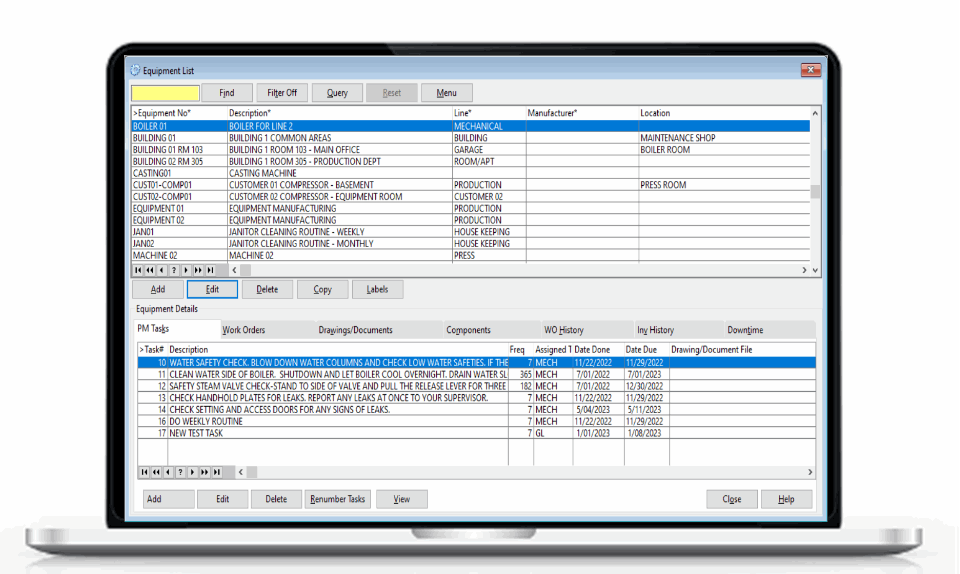Equipment List screen from COGZ Maintenance Software