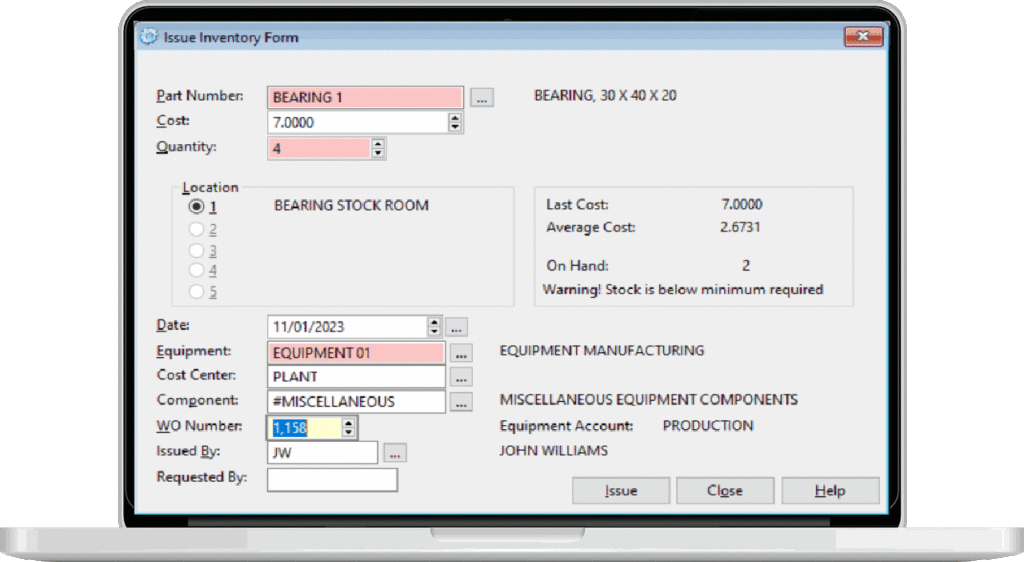 Inventory Issue Form from Preventive Maintenance Software
