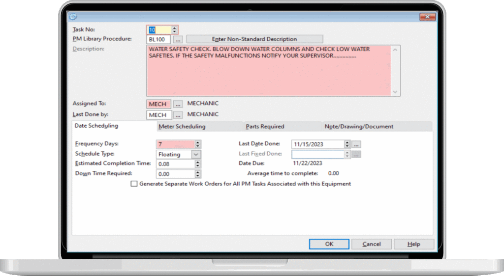 PM Task form from Preventive Maintenance Software
