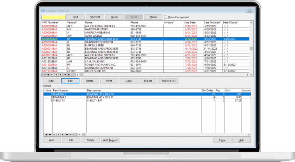 purchase order from preventive maintenance software