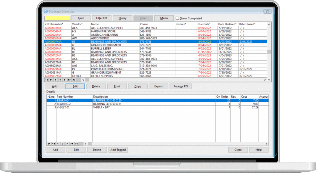 laptop PO purchase order from COGZ Maintenance Management software