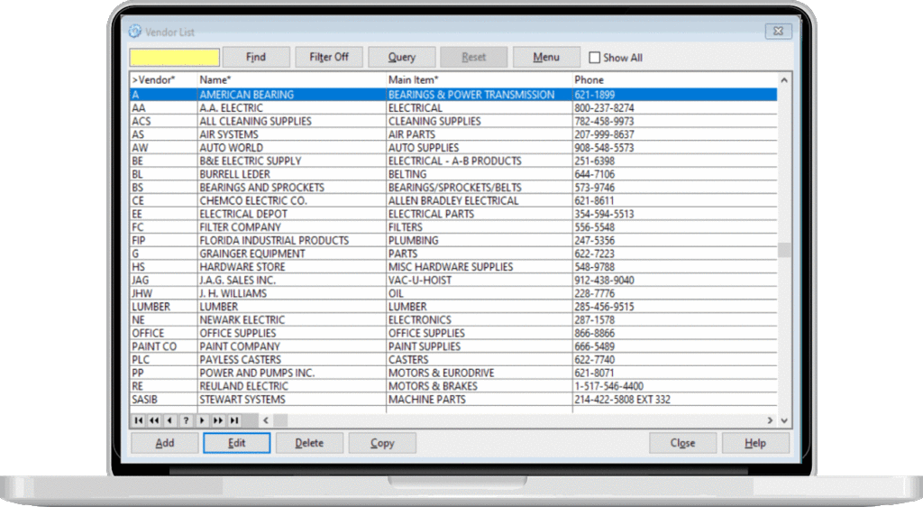Vendor List screen from Maintenance Software